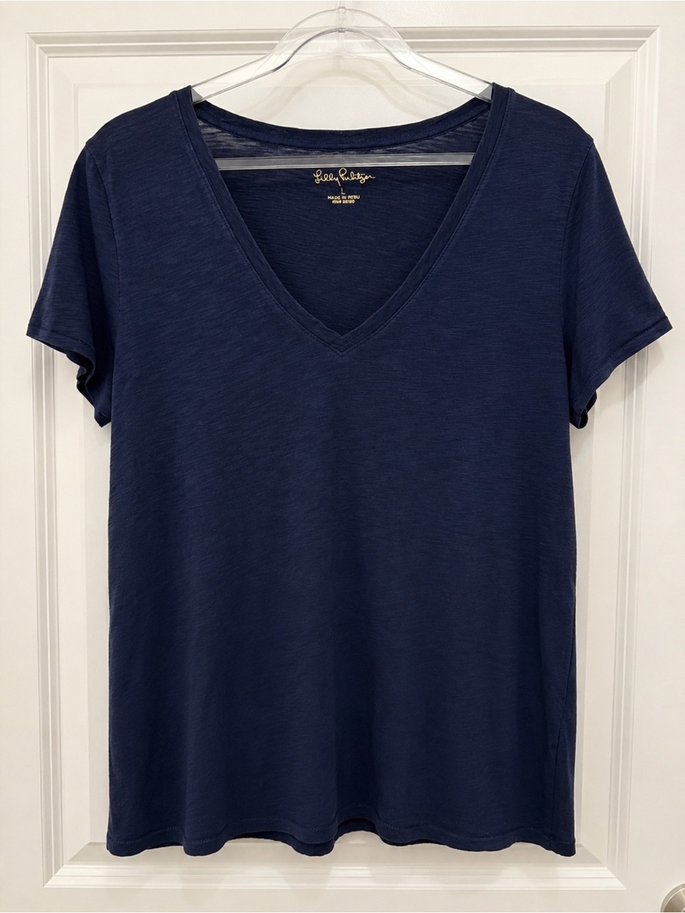 Lilly Pulitzer Navy Pima Cotton V-Neck Tee Shirt Women’s L Soft Slub Peru